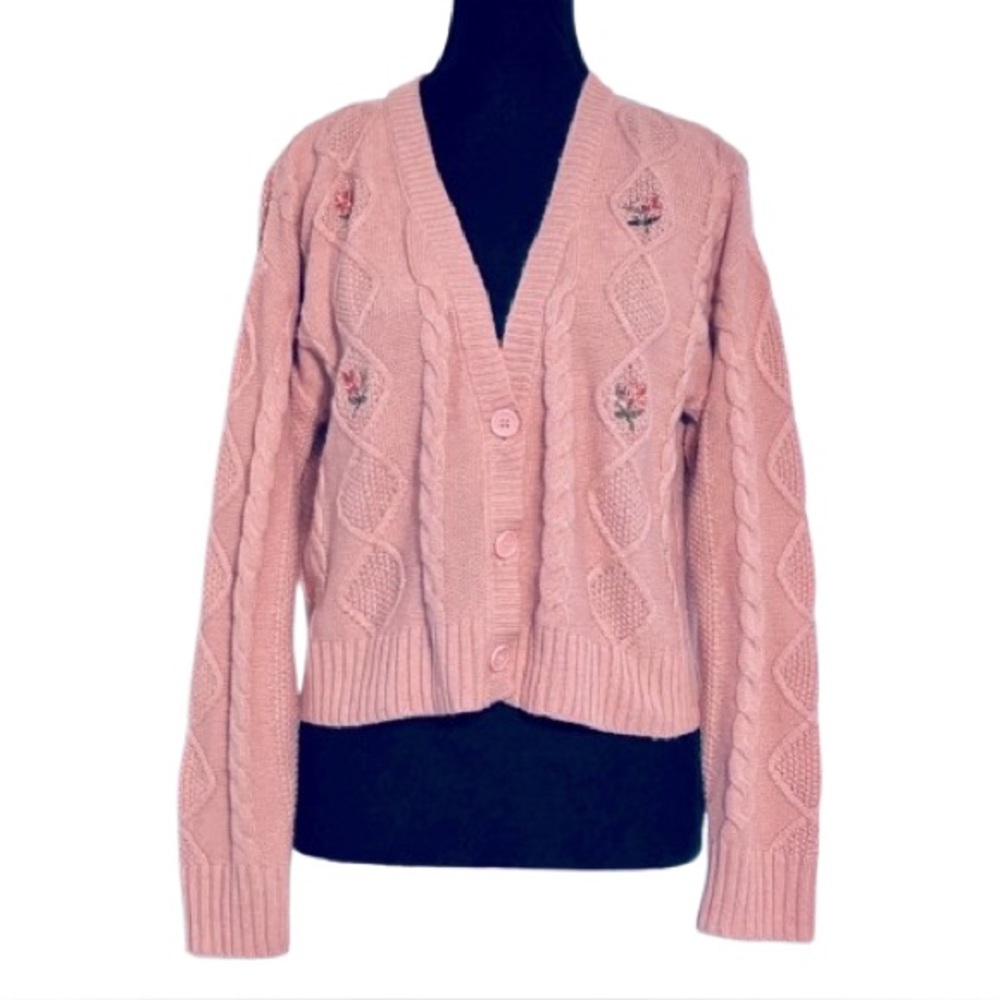 XL ALMOST FAMOUS Pink Peach Embroidered Cardigan Sweater Floral Boho Cottage